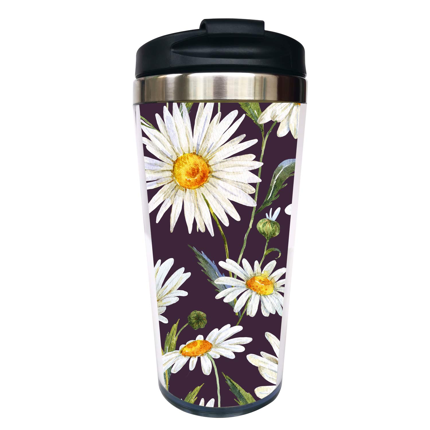 WaldealDaisy Travel Coffee Mug with Flip Lid, Flower Stainless Steel Tumbler Cup Water Bottle 15 OZ, Mother's Day Birthday Mug for Mom Aunt Women Girls