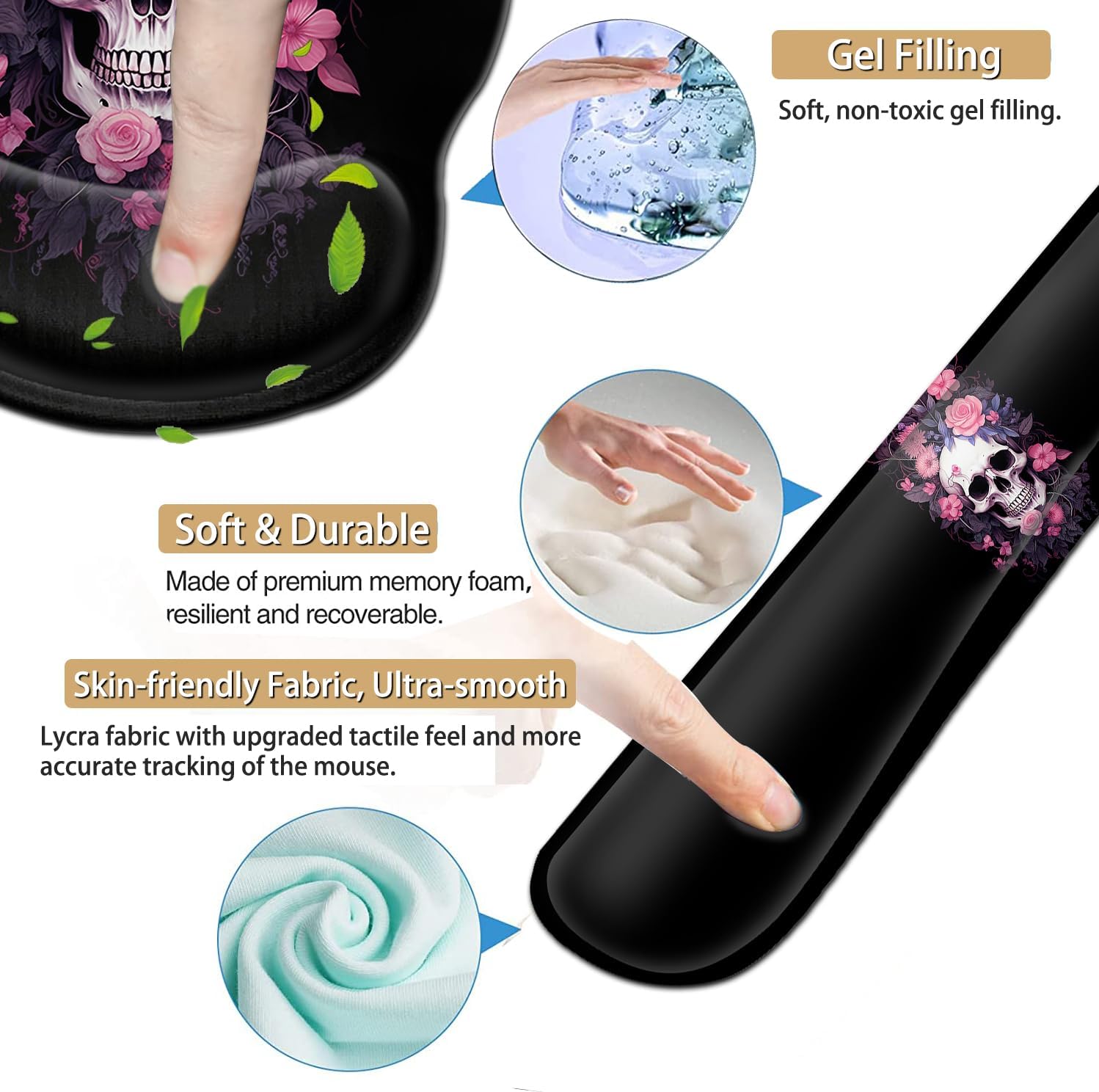 Ergonomic Gaming Mouse Pad Wrist Support and Memory Foam Keyboard Wrist Rest with Anti-Slip Base for Home Office Computer Desk Pad, Gel Black Mouse Pad, Funy Skulls and Pink Flowers Desk Mat