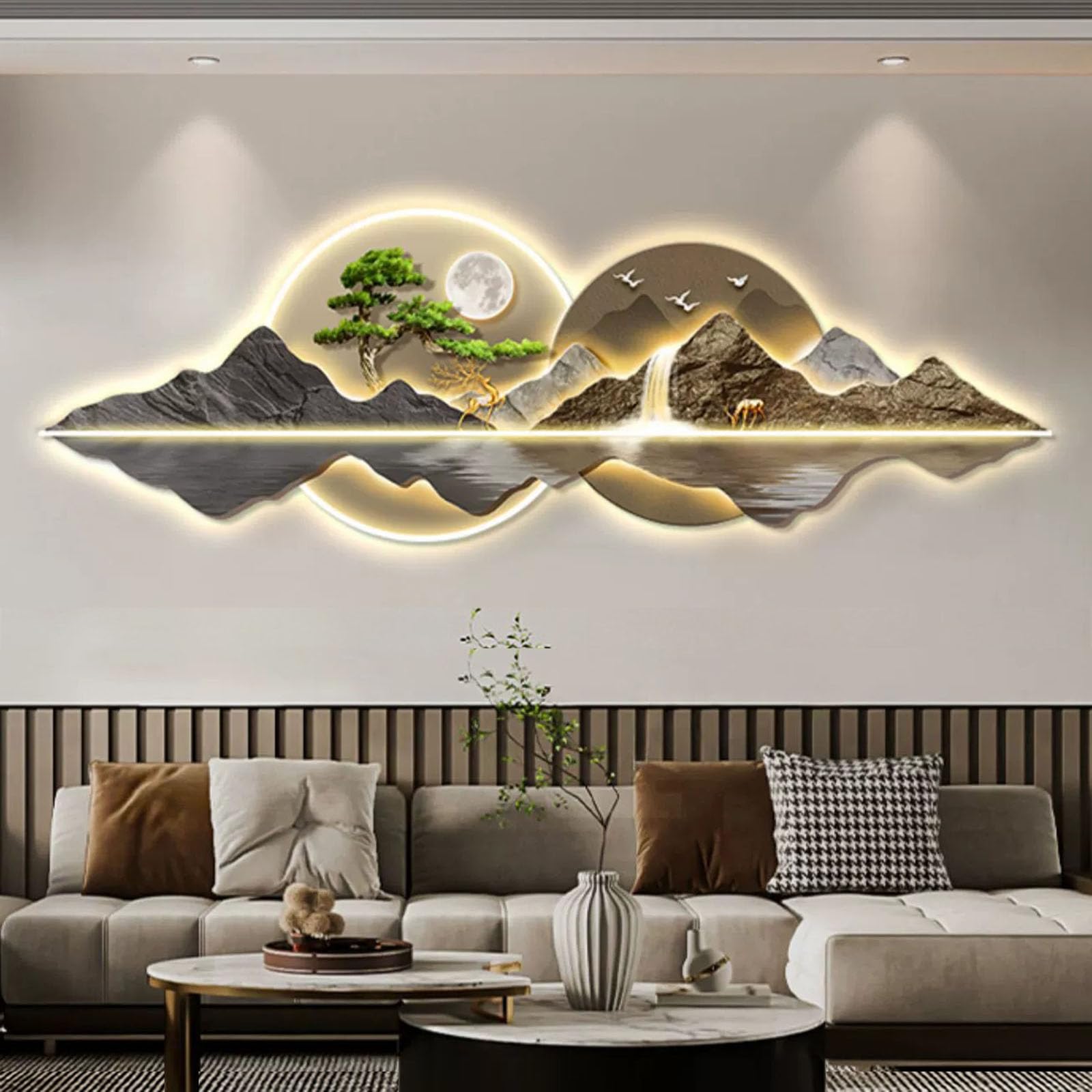 DZZTHSH 3D Wall Sculptures Painting Hanging Led Wall Hanging Art Decorations Light, Modern Oriental Decor Traditional Chinese Welcoming Pine Wall Hanging Decorations