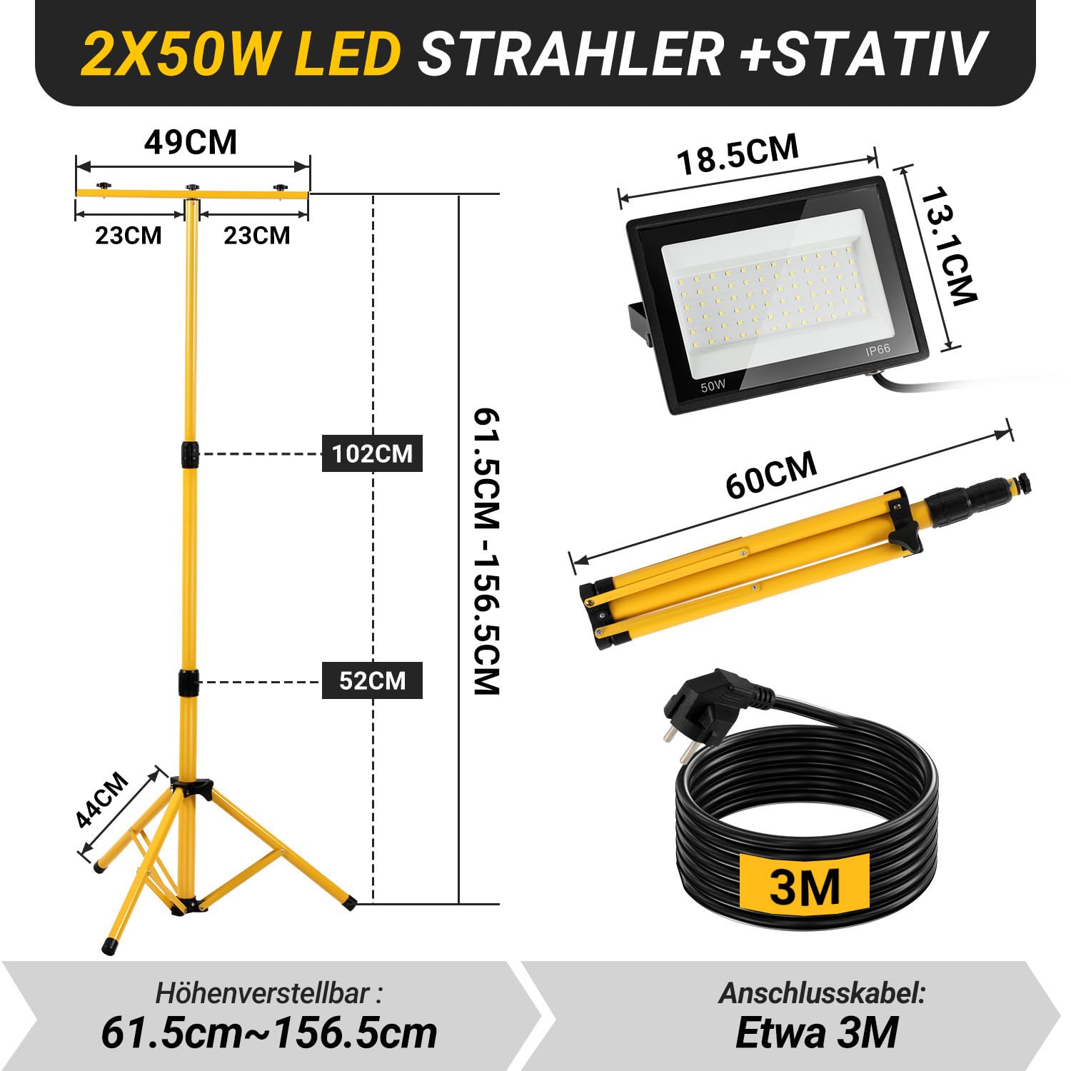 Projecteur de chantier ISOISL avec trépied 2x50W, projecteur LED 2x5000 lumens, télescopique réglable à 1,60 m, rotation à 360°, câble de 300 cm, IP66 pour garage, atelier, chantier, blanc froid