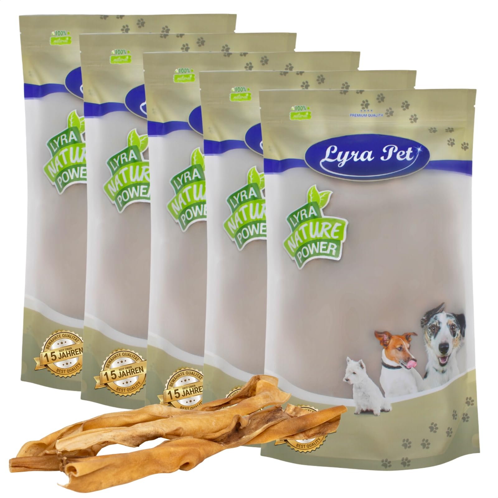 Lyra Pet® 5 x 10 STK. Rinderkopfhautstangen ca. 50 cm Kauartikel für Hunde | Naturbelassener Kauartikel vom Rind - Proteinreiches Leckerli - Extra lange, harte Konsistenz - Fettarm & leicht verdaulich