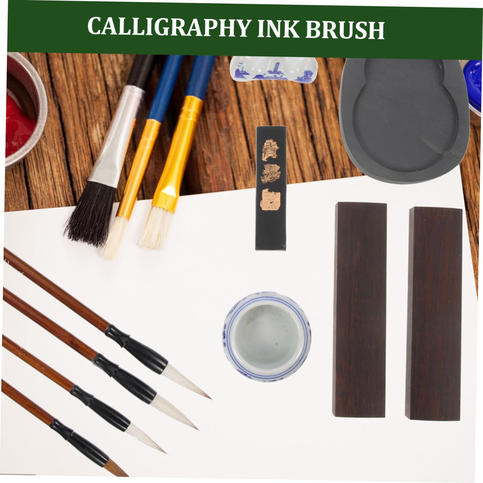 PLAFOPE Coffret de Calligraphie 1 Set Pinceaux en Bois Légers et Résistants pour Étudiants, Pierre à Encre et Bâton D'encre, Pratique Calligraphie Dessin