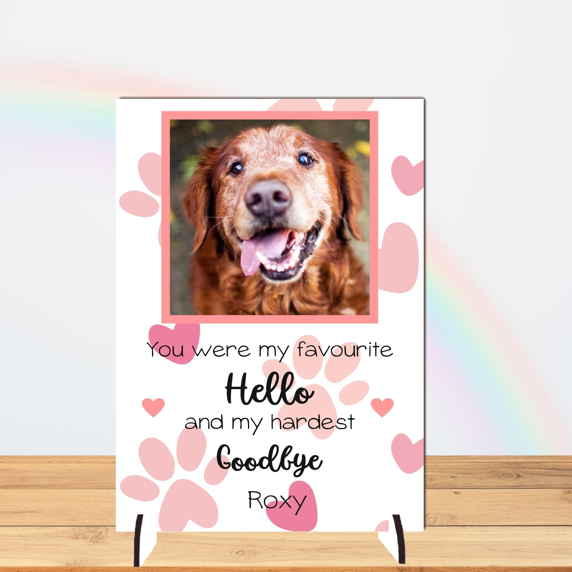 Personalised Pet Bereavement Photo Plaque - "Favourite Hello Hardest Goodbye" Custom Memorial, Available in MDF or Acrylic, Size 148mm x 210mm (Mdf Wood A4 30cm x 21cm, Pink)