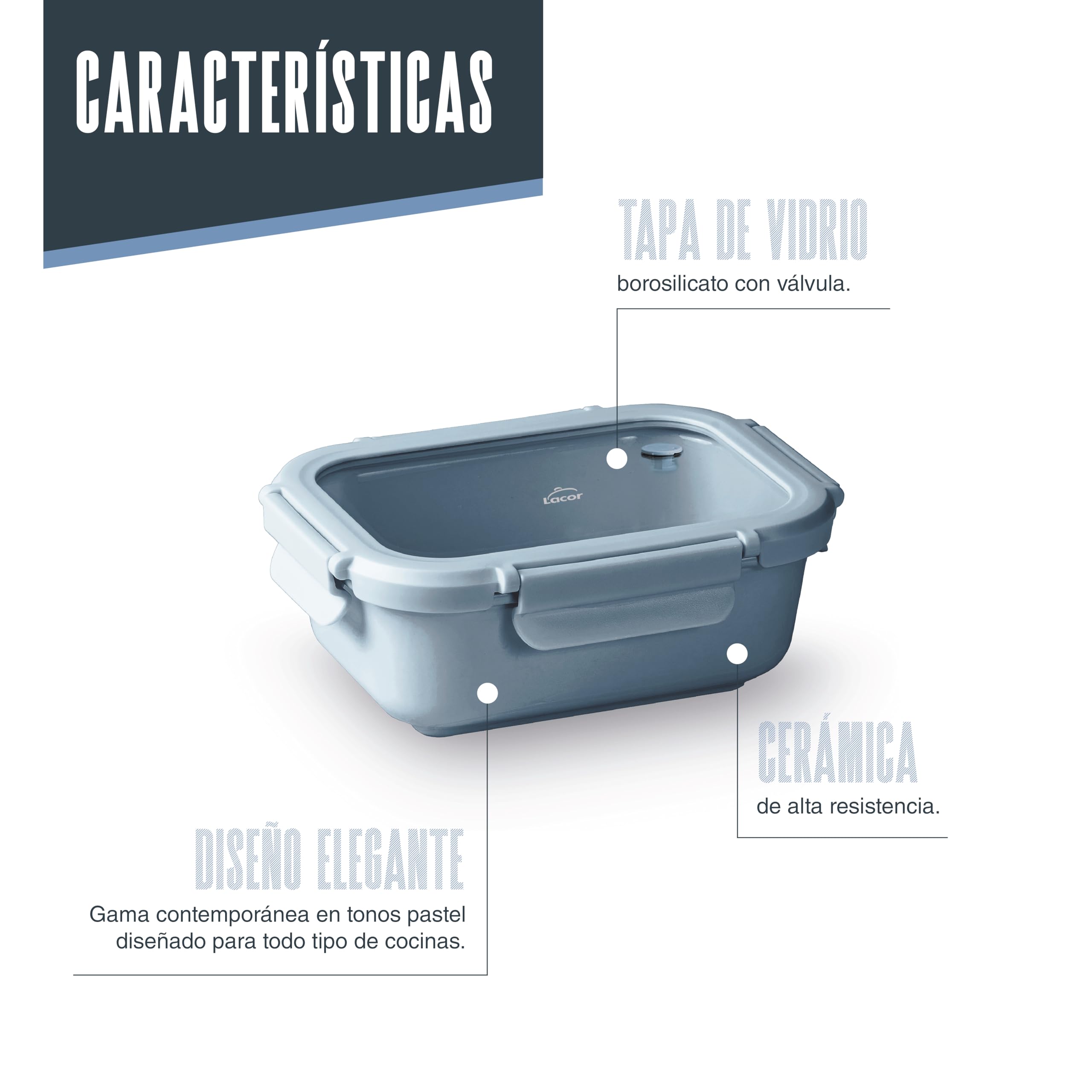 LACOR 64643 - Recipiente Ceram Blue, Cerámica, 1150 ml, Apto microondas | Conserva alimentos bien organizados; apto para horno, apto para microondas, cierre hermético, con 1150 ml de capacidad