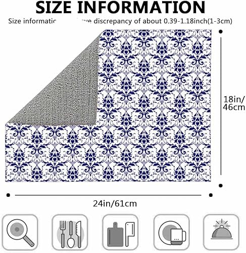 Miniatura 3 de Beabes Tapete de secado de platos azul, tapete de secado azul damasco azul marino para encimera de cocina, 18 x 24 pulgadas, tapete plegable de