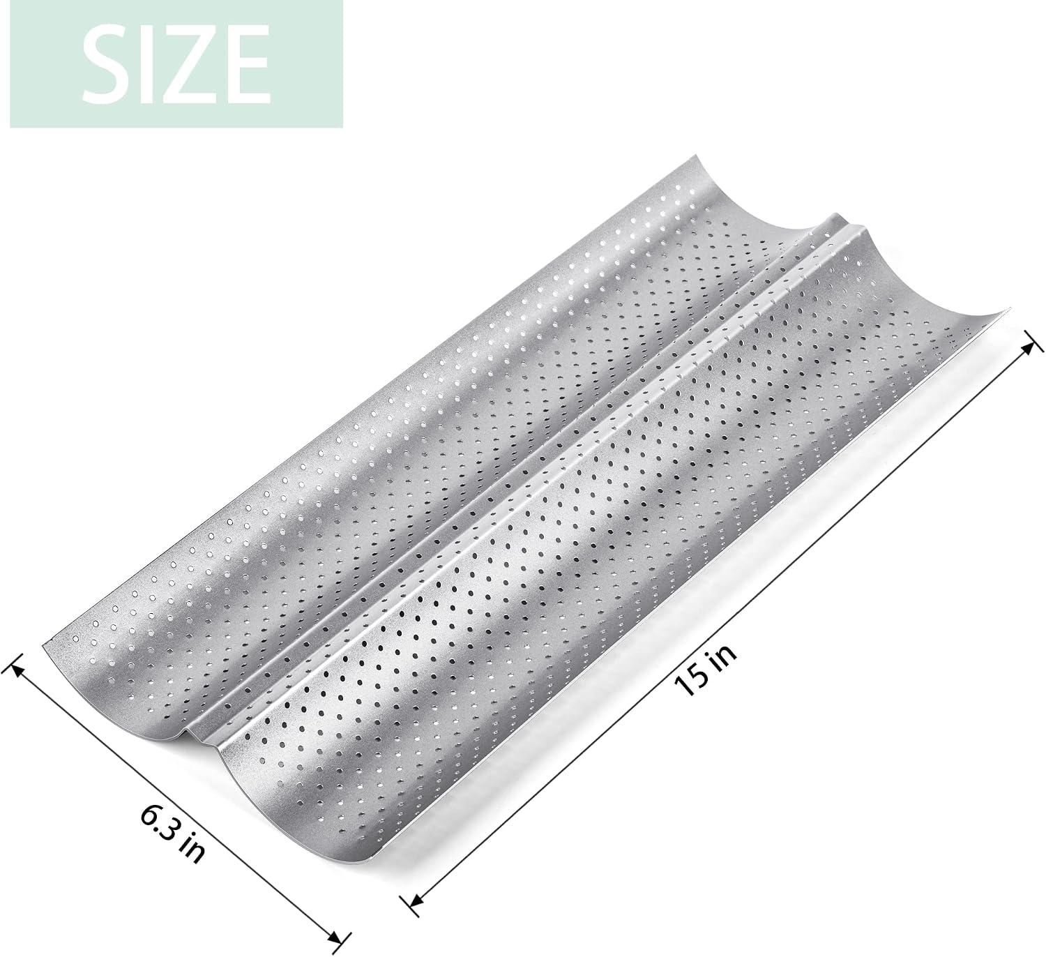 2 Pack Nonstick Perforated Baguette Pan 15" x 6.3" for French Bread Baking 2 Wave Loaves Loaf Bake Mold Oven Toaster Pan Silver