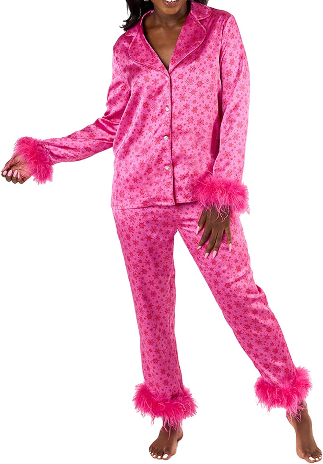 Satin Pajamas for Women Long Sleeve Lapel Neck PJ's Button Down Sleepwear Feather Pajama Set