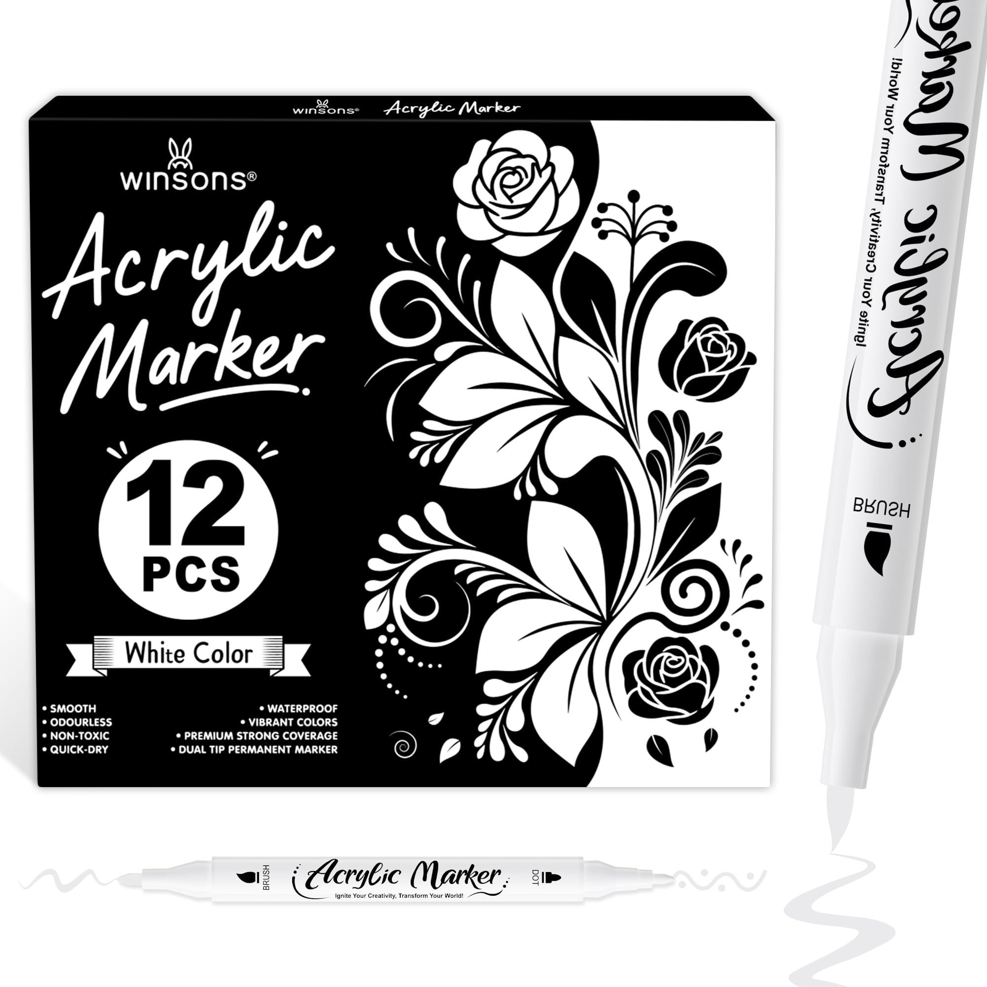 WINSONS Rotuladores Acrilicos Blancos, Acrylic Markers, Impermeables, No Tóxicos, Inodoros, Adecuados Para Papel, Cerámica, Piedras, 12 Unidades