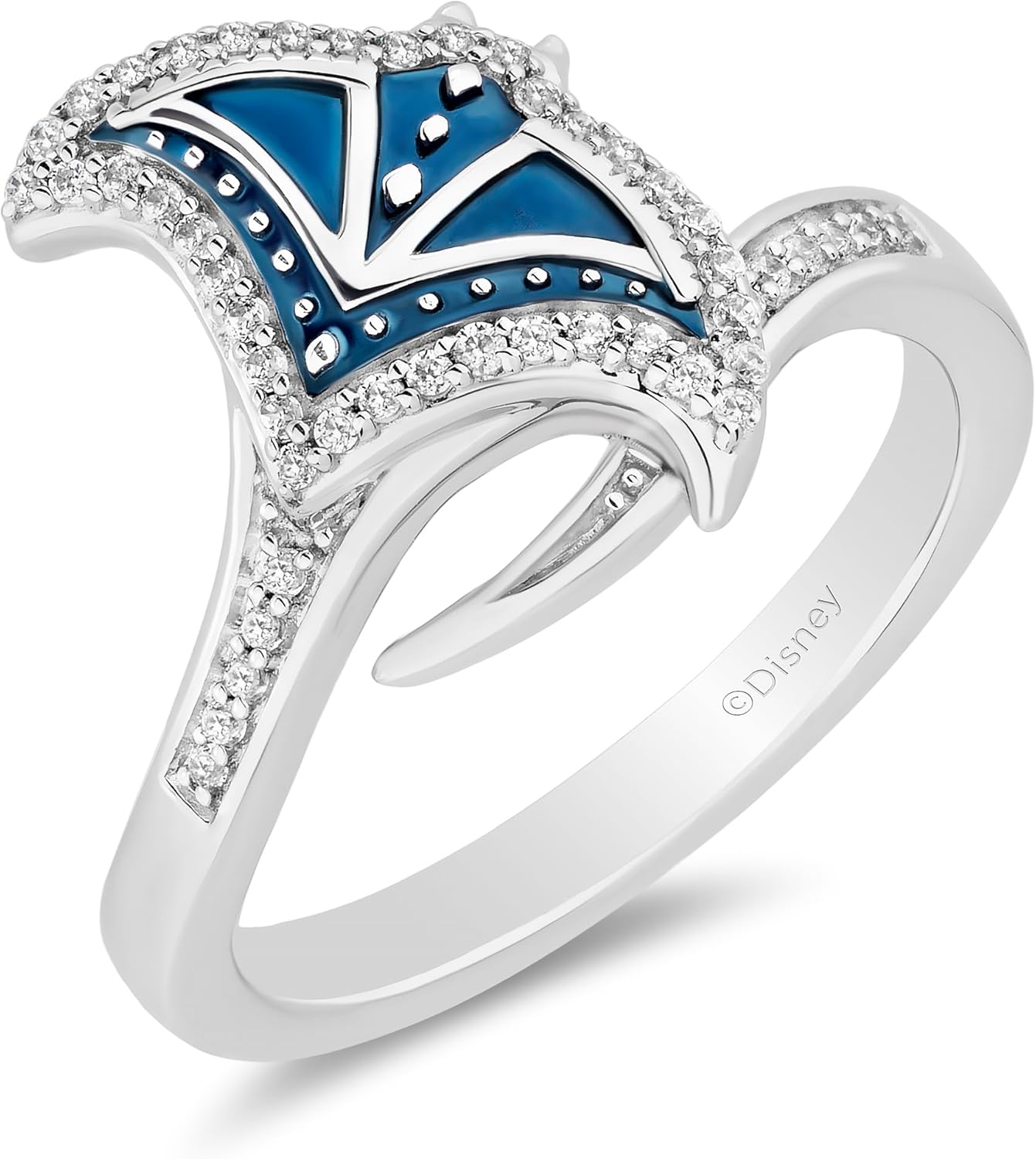 Jewelili Enchanted Disney Fine Jewelry White and Blue Rhodium over Sterling Silver with 1/6 Cttw Diamonds Moana Ring