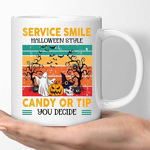 Miniatura 1 de Funny Gift Happy Halloween Themed Gift For Trick Or Treaters - Service With A Smile - Candy Or Tip, You Decide - 11 Oz White Ceramic Coffee Mug