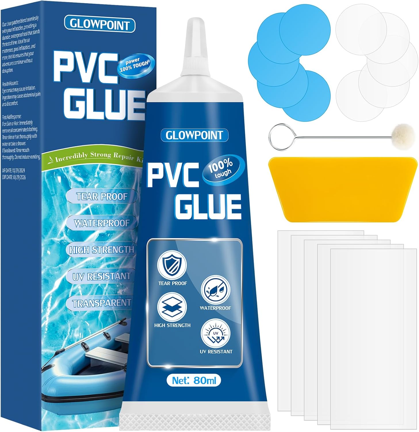 Air Mattress Repair Kit, Waterproof & UV Resistant Inflatable Patch Repair Kit, 80ml Transparent PVC Glue for Air Beds, Hot Tubs, Inflatable Boats, Snow Tubes, Vinyl Products