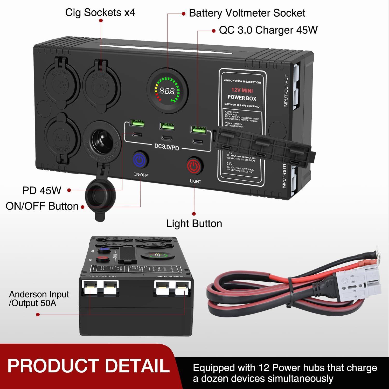 Nilight Mini Power Box 12V 24V DC Compact Design Distribution Box Plug & Play Multi Ports -2 Anderson, 3 USB, 3 USB-C, 4 Cig Sockets Perfect for Outdoors Camping Fishing RV 4Wd Caravans Emergency