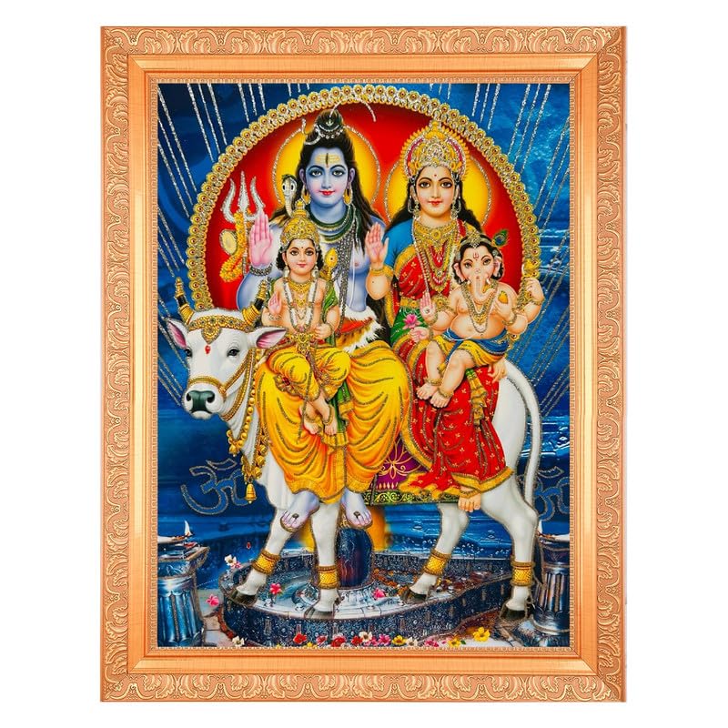 Cadre photo Shiv Parivar avec détails en zari d'argent artwork hindou luxe