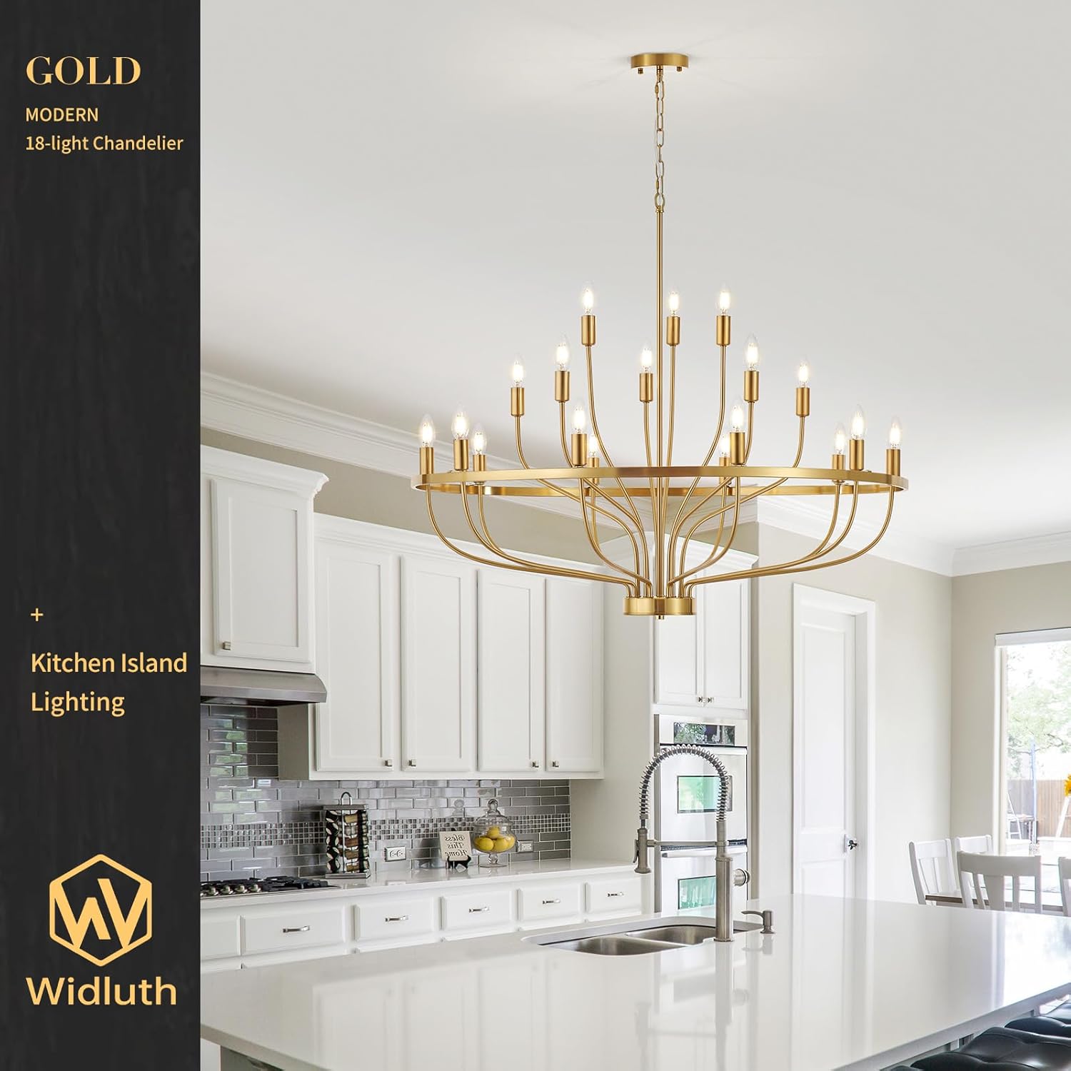 39.4" Modern Gold Chandelier Vintage 18-Lights Mid Century Modern Candle Style Chandeliers Light Fixture Large Rustic Golden Chandelier for Dining Room, Kitchen Island, Living Room, E12