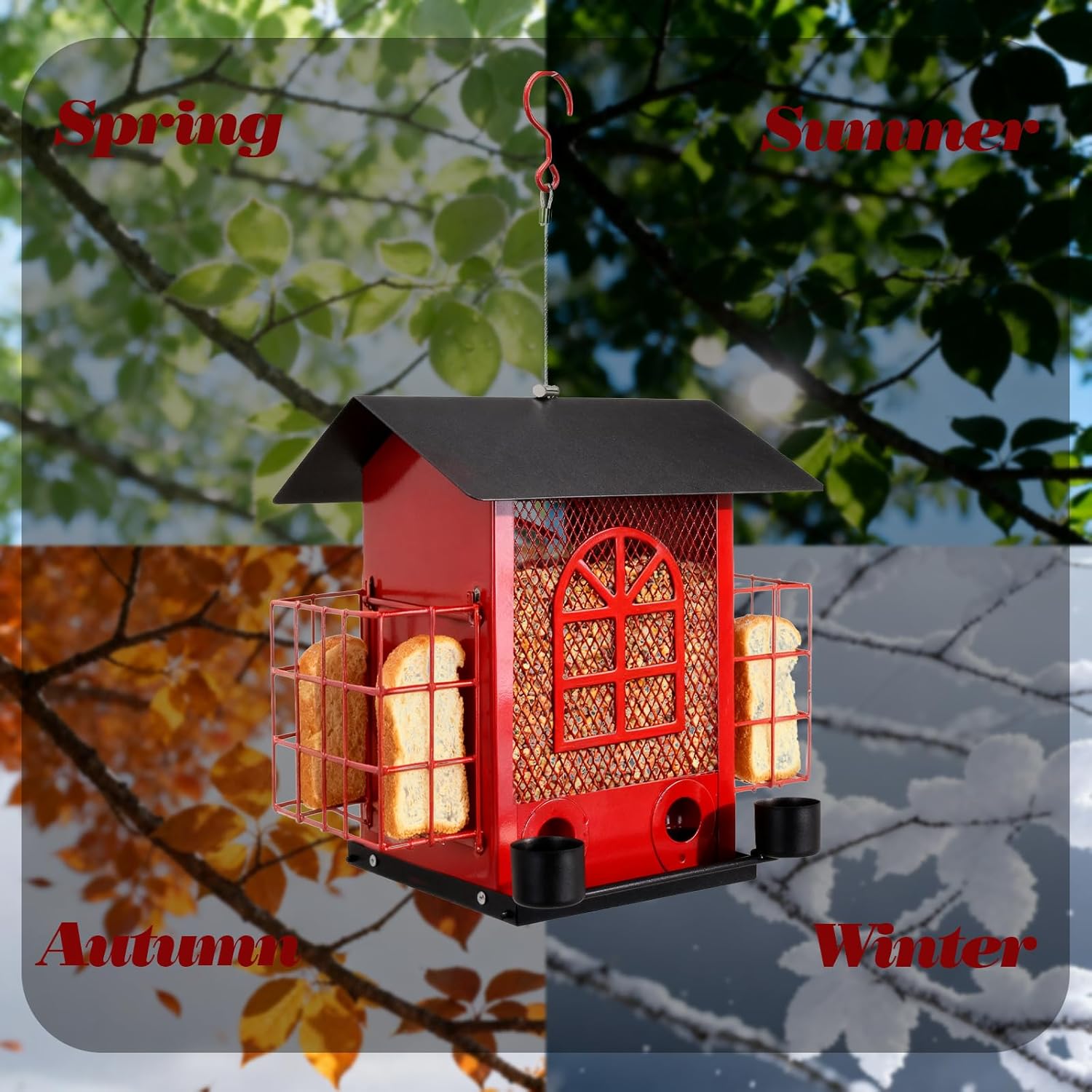 Outdoor Metal Hanging Bird Feeder Large Capacity Premium Wild Bird Feeder (Includes Bread Tray) Metal Mesh Design Multi-Compartment Food Storage Green (Red)