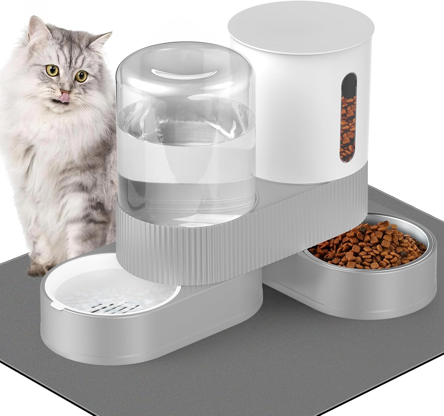 Automatic Cat Feeder and Water Dispenser, 2 in 1 Gravity Pet Food Feeder and Water Set with Stainless Steel Food Bowl for Cats, Small Dogs, Rabbits, 360 Degree Rotatable, Include Non-Slip Mat Grey