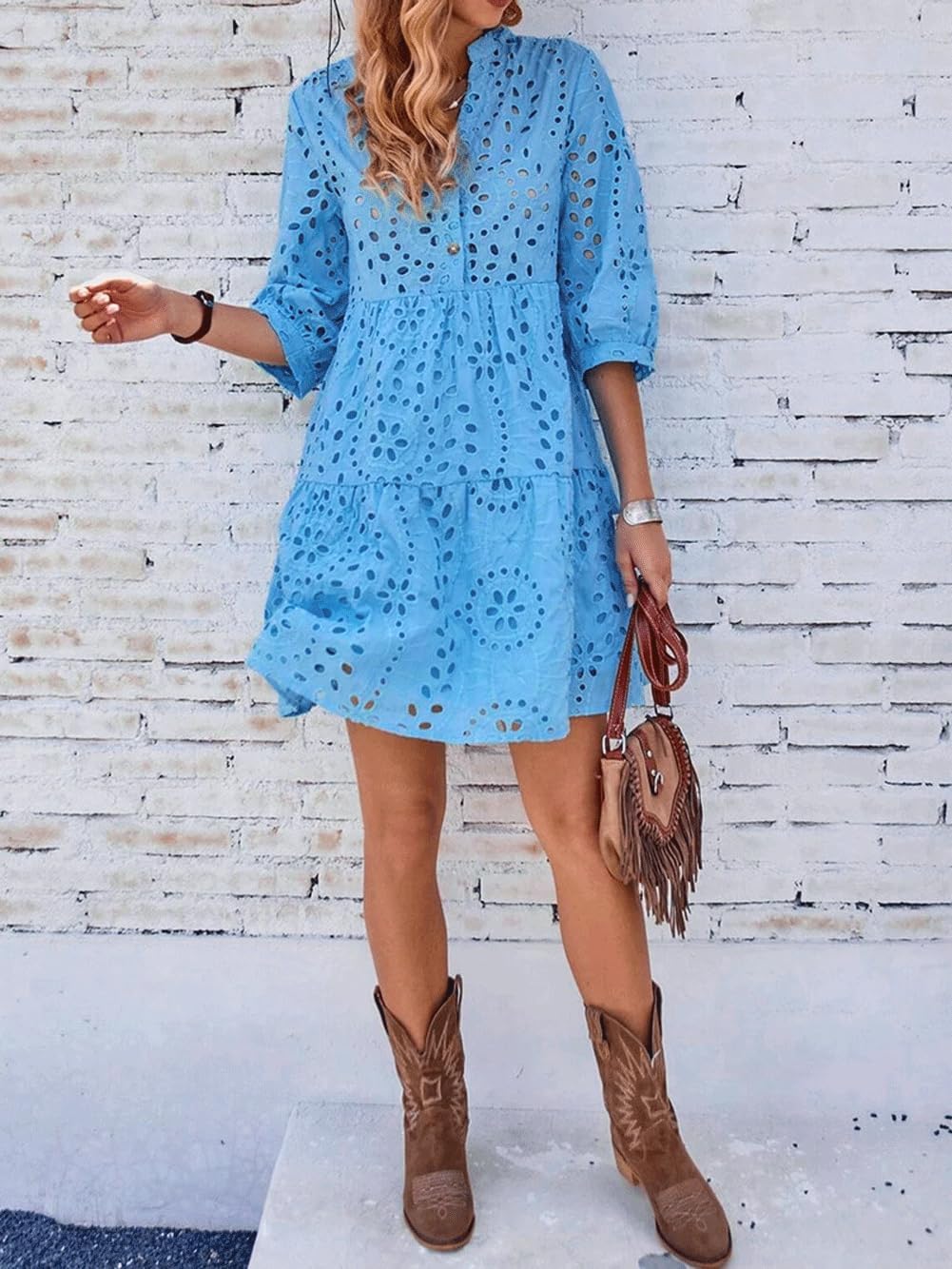utcoco Women's 2025 Eyelet Lace Midi Dress V Neck Puff 3/4 Sleeve Button Tiered Sexy A Line Sun Dress - Image 5