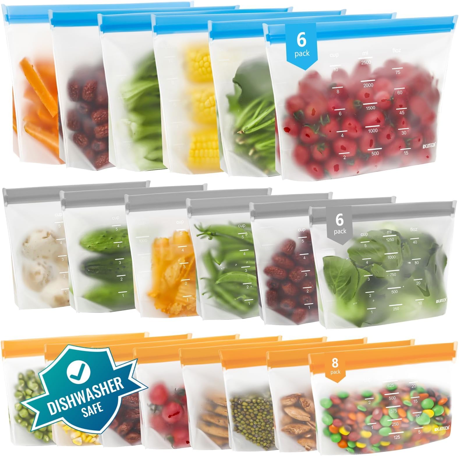 IDEATECH Reusable Sandwich Bags Gallon Freezer Bags Leakproof & Dishwasher Safe - Silicone Bag for Food Ftorage Stand Up for Meal Prep, Travel, Washable (6 Gallon + 6 Sandwich + 8 Snack)