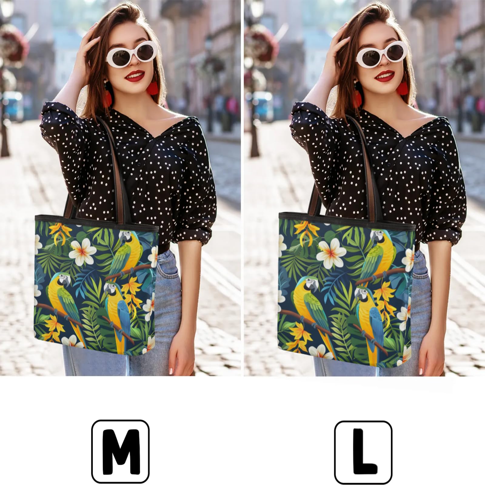 Parrots Tropical Flower Leaves Tote Bag Multi Pocket Zippered Beach Bag Lightweight Waterproof Handbag for Women Men Work Gym Travel Swimming Yoga Grocery Shopping M