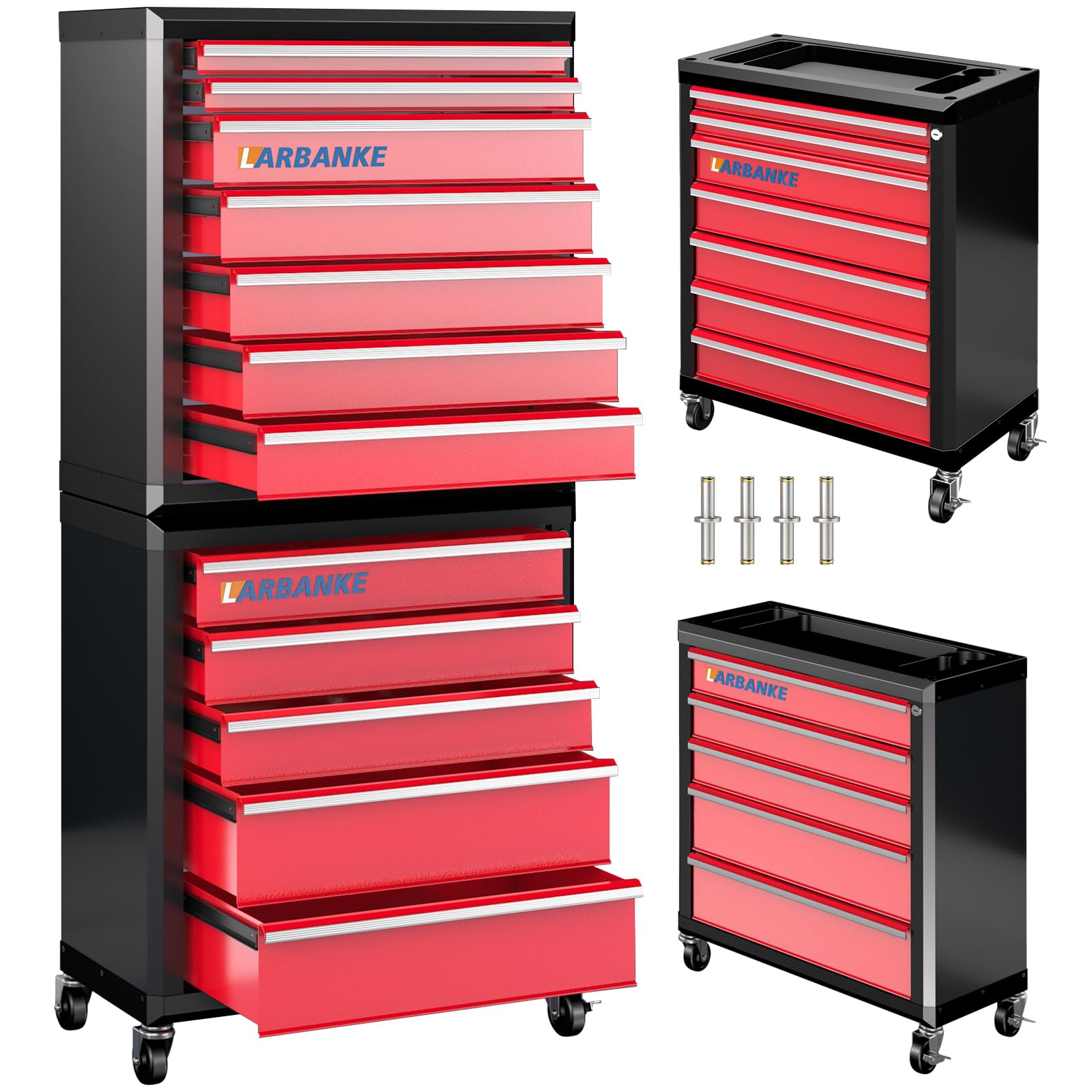 LARBANKE Cassettiera portautensili a 12 cassetti, con sistema di bloccaggio, piano multifunzione e due unità con 4 ruote girevoli. Include bielle per uso combinato o separato.