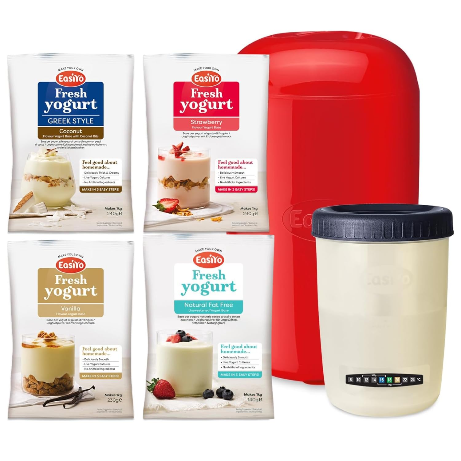 EasiYo Red Yoghurt Maker (1kg) Starter Pack | Includes 4 Sachets of Yogurt Fat Free Natural, Strawberry, Vanilla and Greek Style with Coconut Bits