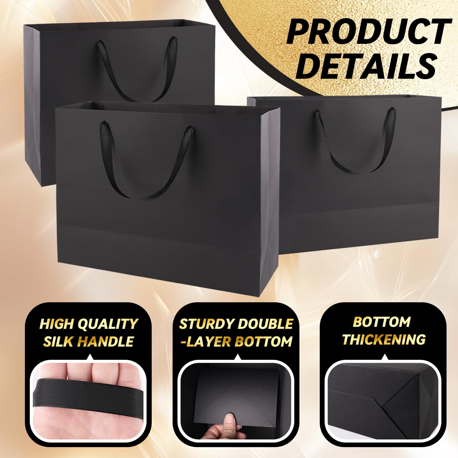 Addblu 5 Pack Large Black Gift Bags with Handles - Includes 10 Tissue Papers, 12.6x8.7x4 Inches for Men Birthday Party, Wedding, Bridesmaid, Groomsmen, Shopping Business, Christmas (Black Medium - 5Pcs)