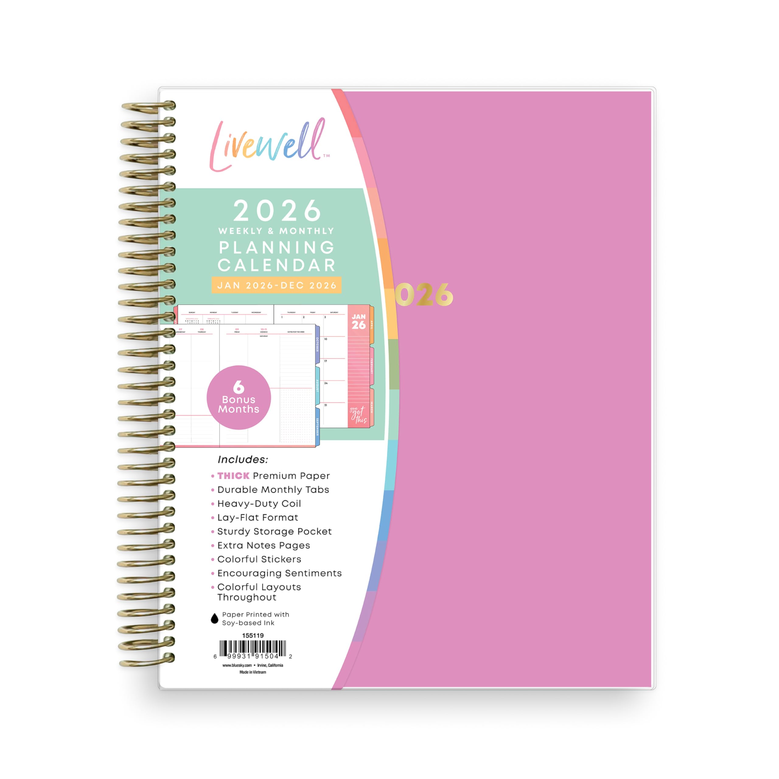 Blue Sky Livewell 2026 Weekly and Monthly Planner Calendar, January 2026 - December 2026, 7" x 9", Flexible Laminated Cover, Heavy Duty Coil Binding,