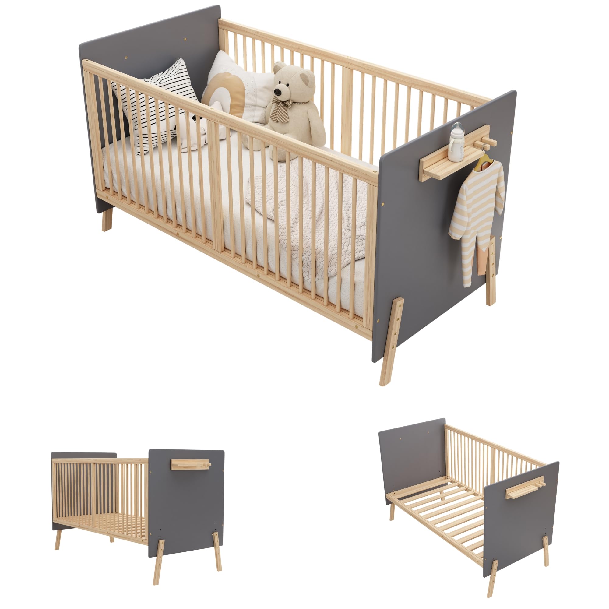 SUKY Verstellbares Massivholz Babybett, mit DREI-stufiger Höhenverstellung, umweltfreundliche Lackierung, als Anschlussbett/Sofabett nutzbar, ohne Matratze, Blaugrau + Naturholzfarbe, 140 * 70 * 86cm