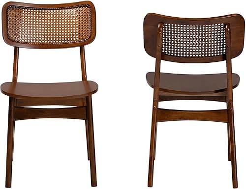 Miniatura 4 de Baxton Studio Tafari Mid-Century - Juego de sillas de comedor de 2 piezas con acabado marrón nogal y ratán