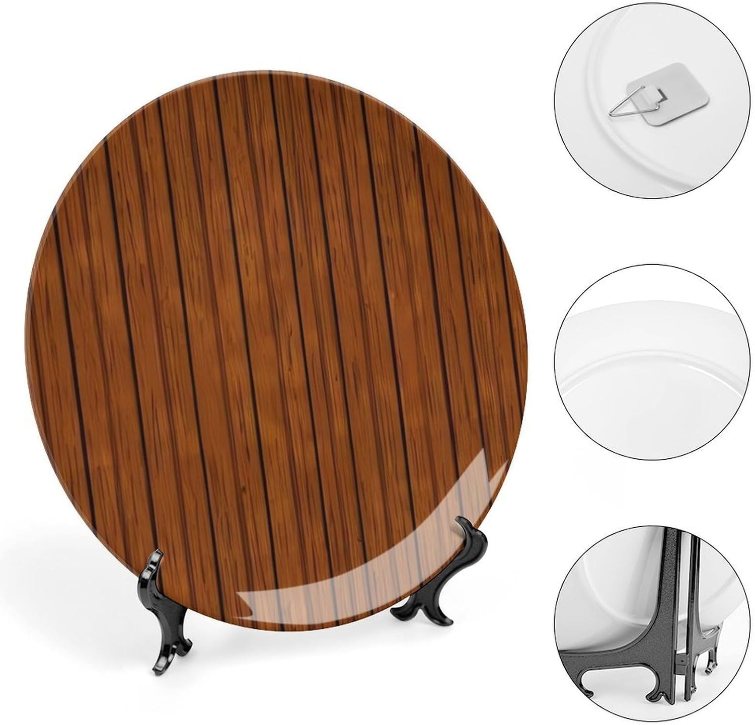 Brown Wood Pattern Ceramic Decorative Plate for Home, Bone China Plates | Chinese Style Decorative Dish with Stand, Dinner Plates Art Crafts for Wall Decor, Collections Plate with Hook 6inch