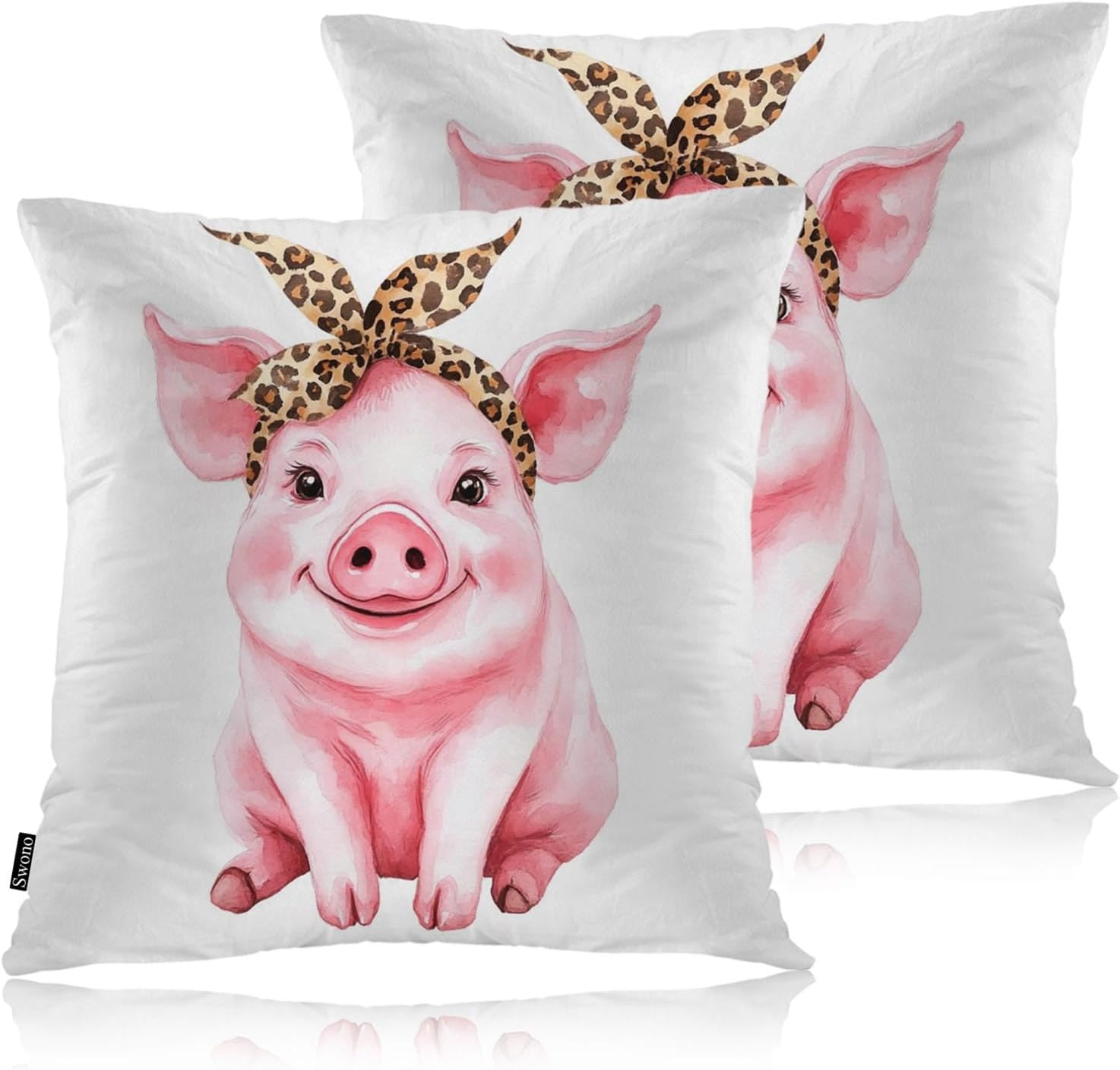 Swono Couch Pillow Cover Set of 2 Pig, Funny Pig with Leopard Bow Decorative Throw Pillowcase Cushion Cover 18 X 18 Inch Pink Piggy Throw Pillows Covers for Sofa Bedroom Car Living Room