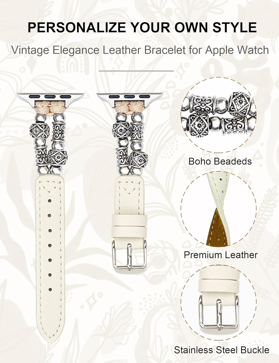 Leather Band Compatible with Apple Watch Bands 38/40/41/42/44/45/46/49mm Women, Boho Beaded Slim Vintage Bracelet Designer Cute Strap for iWatch Series 10/9/8/7/6/5/4/3/2/1/SE/Ultra 2 - Image 4