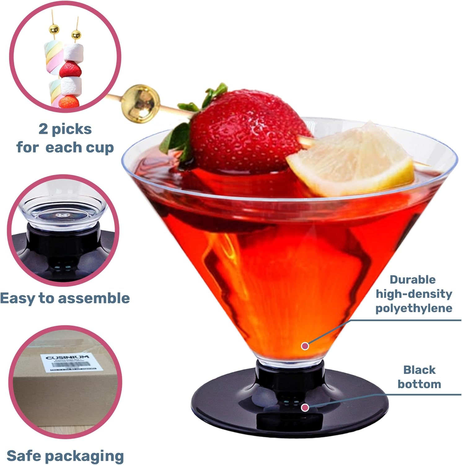CUSINIUM Plastic: 50 pack of each 4.7 oz Dessert Cups + 4.9 ounce Clear Disposable Martini Glasses for Parties + 300-pcs Cocktail Picks (2 Types) Bundle