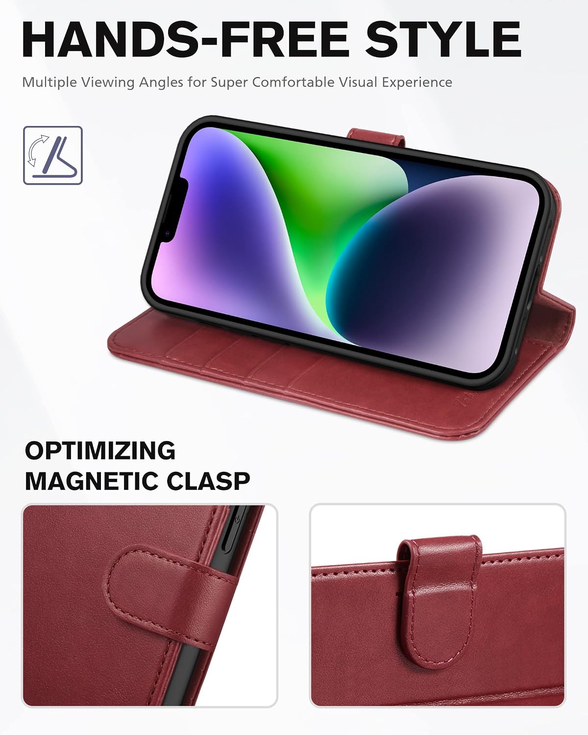 TUCCH Case Wallet for iPhone 14 Plus 6.7", [Wrist Strap] RFID Blocking 4 Card Slot Stand [Shockproof TPU Shell], PU Leather Magnetic Flip Cover Compatible with iPhone 14 Plus, Dark Red with Wristlet