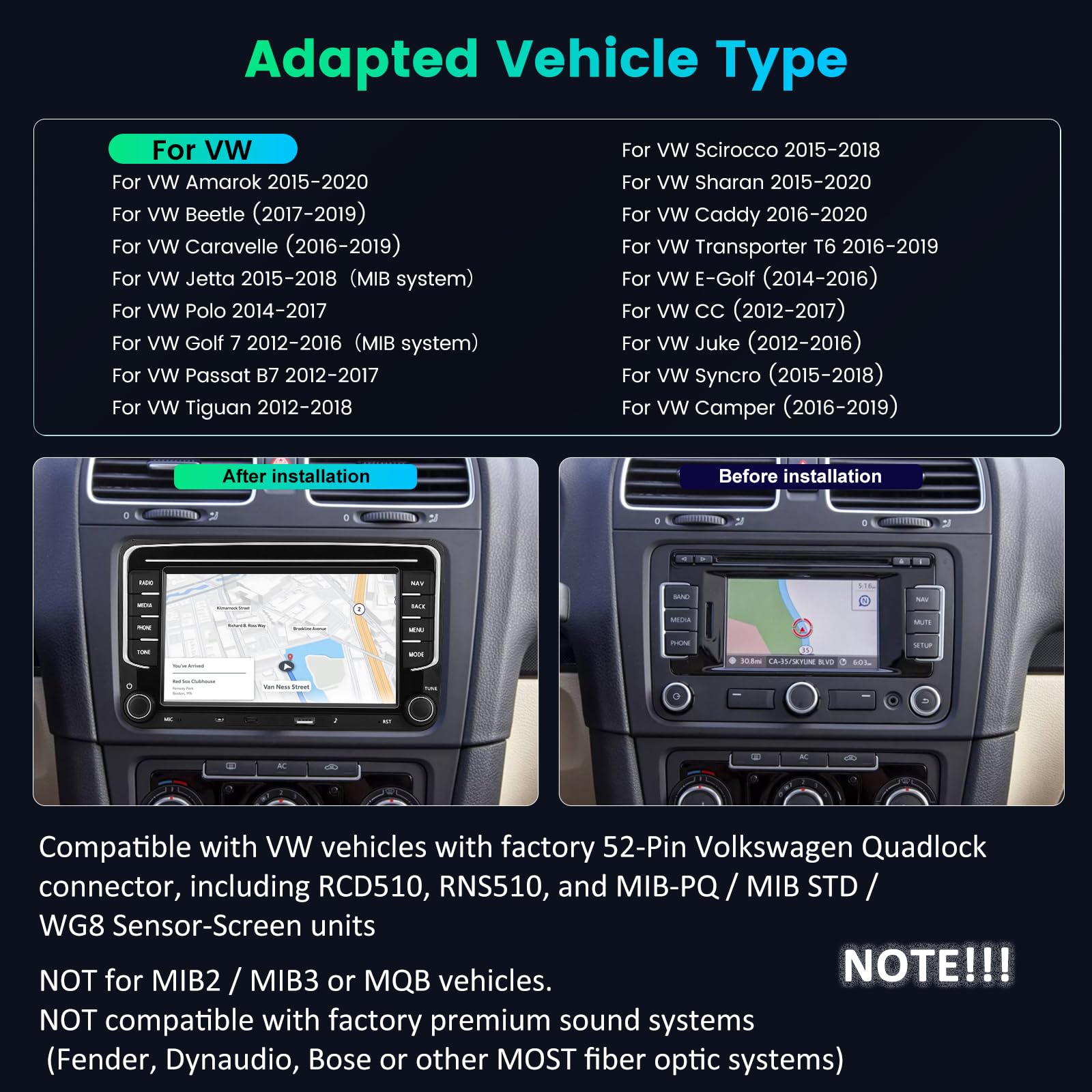 4GB+64GB VW Android Autoradio für Golf 7 Passat Tiguan Jetta Polo Beetle mit originalem 52-Pin VW Quadlock Anschluss, Drahtloses CarPlay Android Auto DSP GPS WiFi Rückfahrkamera