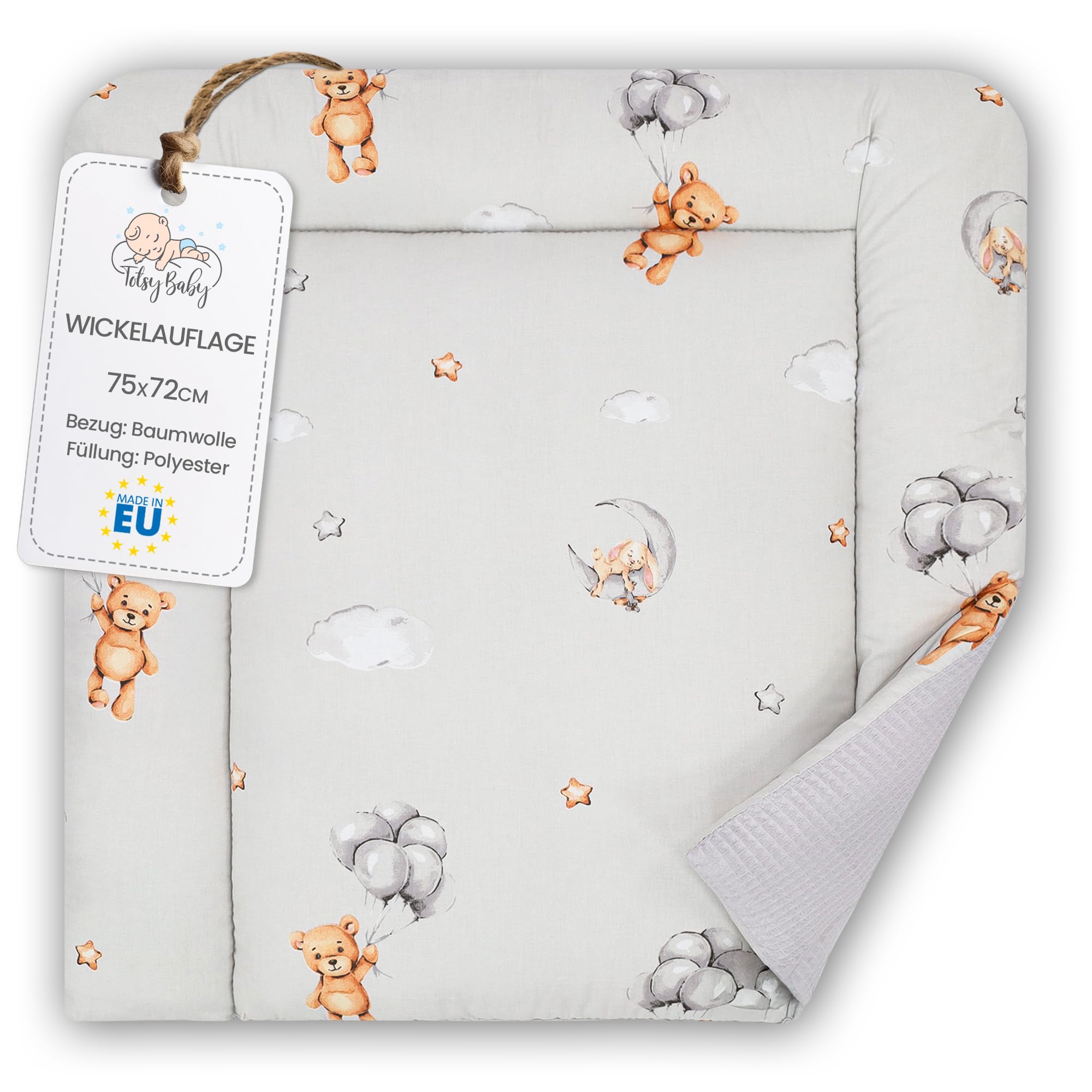 Wickelauflage Wickelunterlage aus Baumwolle 75x72 cm - Weich und waschbar Wickelunterlage für Babys Wickelmatte aus Stoff für Wickeltisch Wickelkommode oder Waschmaschine 75 x 72 Oeko-Tex Teddybären