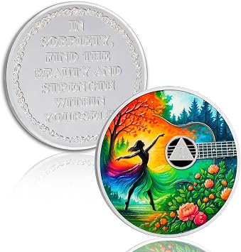 Dancing to Music 2 Year Sobriety Coin Freedom & Renewal AA Medallion, Alcohol-Free Anniversary Celebration, Recovery Token with Capsule, Nature & Guitar Design, Sobriety Gifts for Men & Women