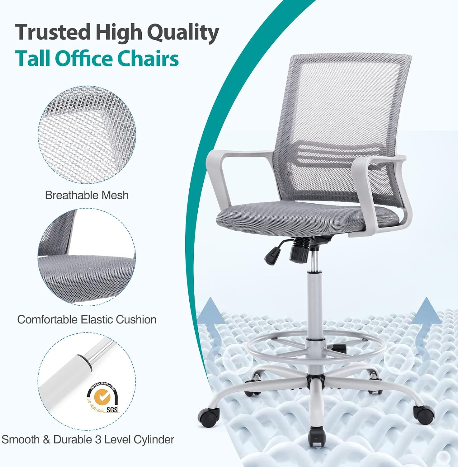 Close-up images highlighting the breathable mesh backrest, comfortable elastic cushion, and smooth durable gas lift cylinder.