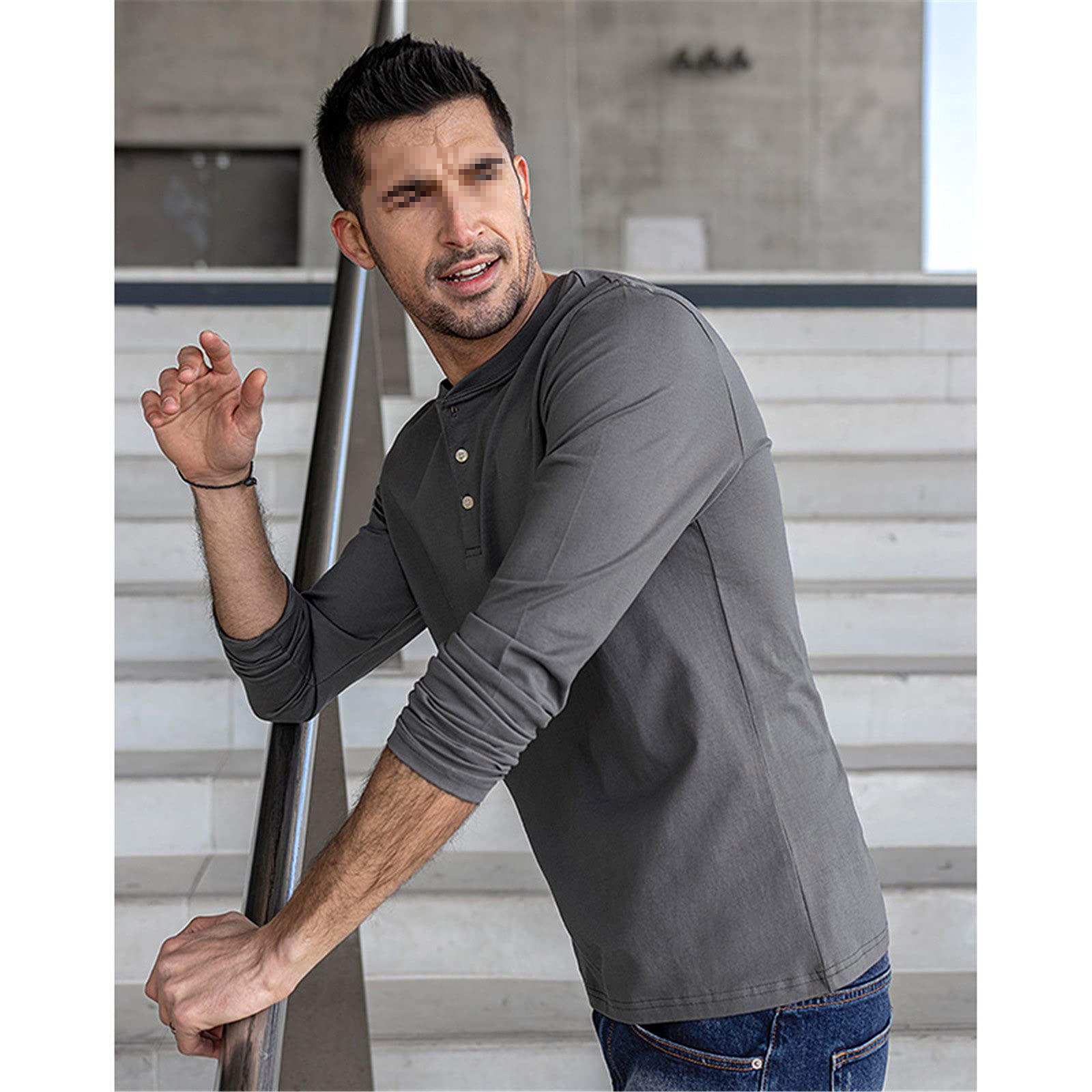 Cotton Clothing Solid Herren T-Shirt Langarm Basic Tee Frühling Henley T Shirt Top Plus Size, seeblau, XL