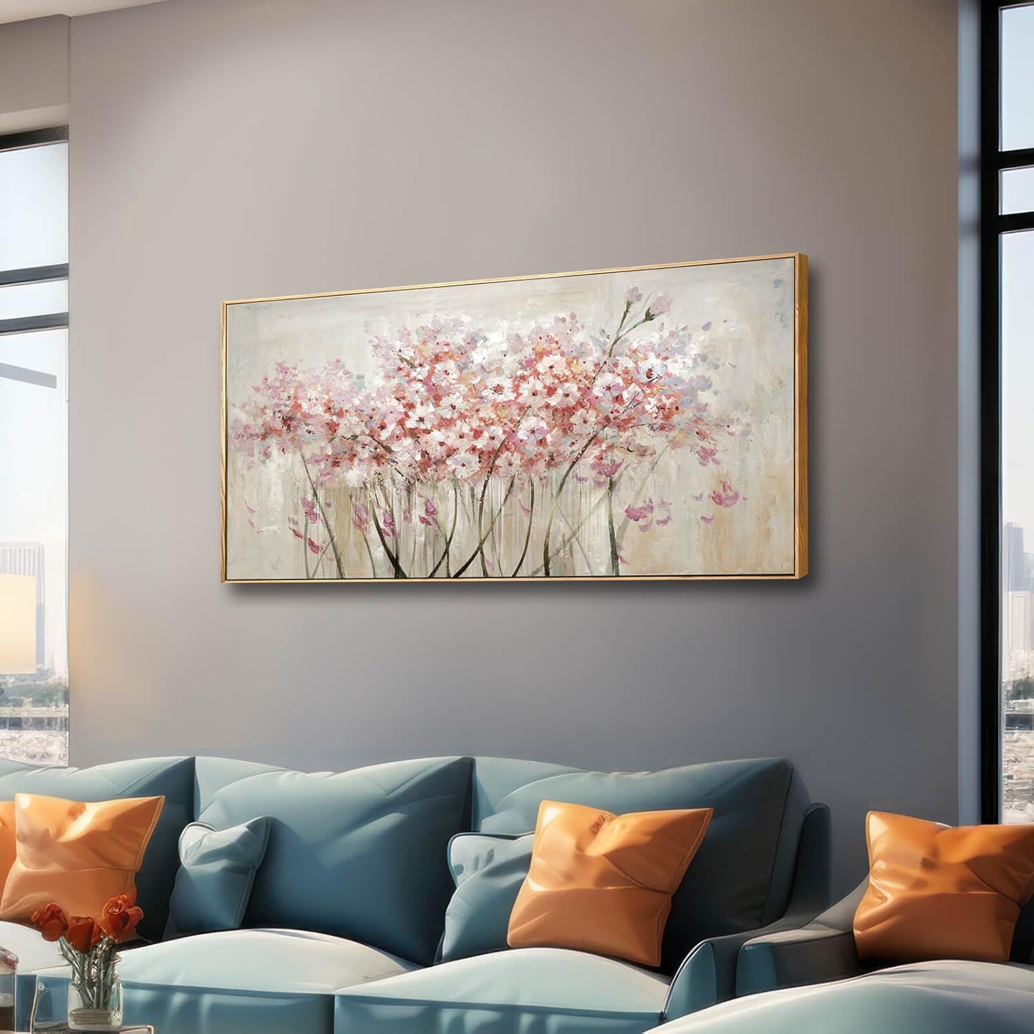 Flower Wall Art Framed Beige Canvas Paintings Colorful Wall Decor 24x48 Art Posters Pictures for Dining Room Office Hotel