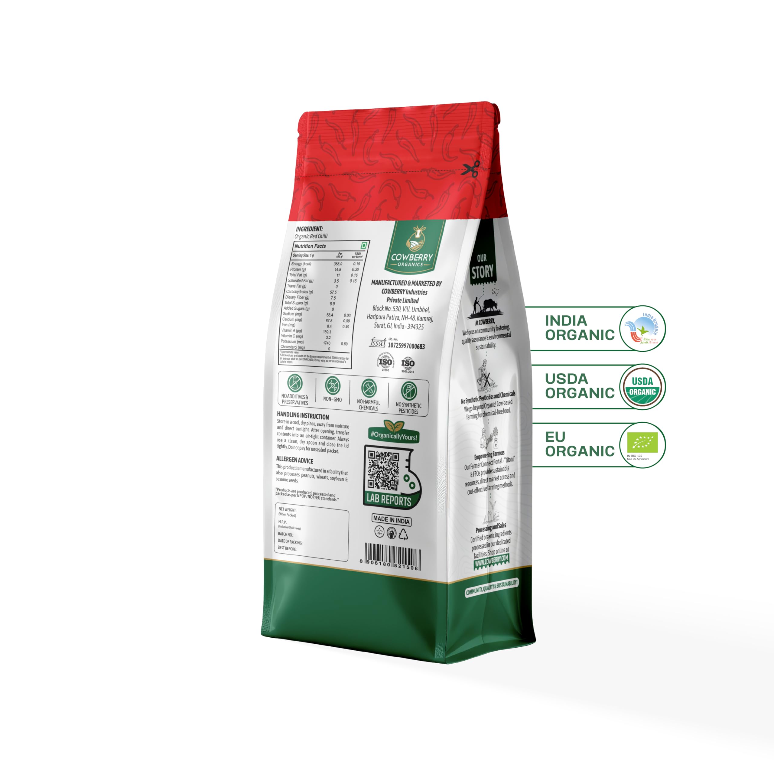 COWBERRY Organic Toofanilal Red Chilli Powder/Lal Mirch 500 g, Slow-Ground Extra Spicy & Extra Hot | NPOP India, NOP USDA, EU Organic Certified | Lab-Tested 252+ Chemicals & Glyphosate Free product image 6