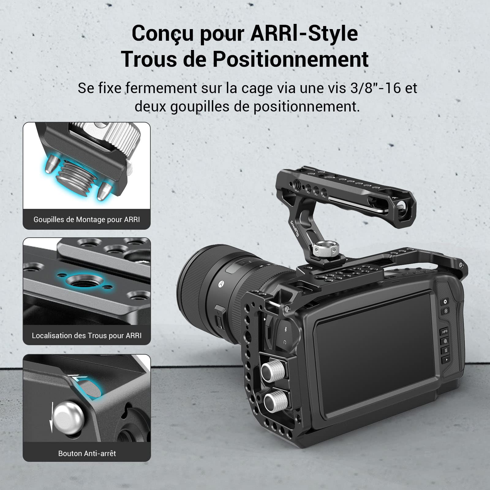 SMALLRIG Poignée avec Une Vis 3/8" et Deux Goupilles de Positionnement pour Arri Standard - 2165C