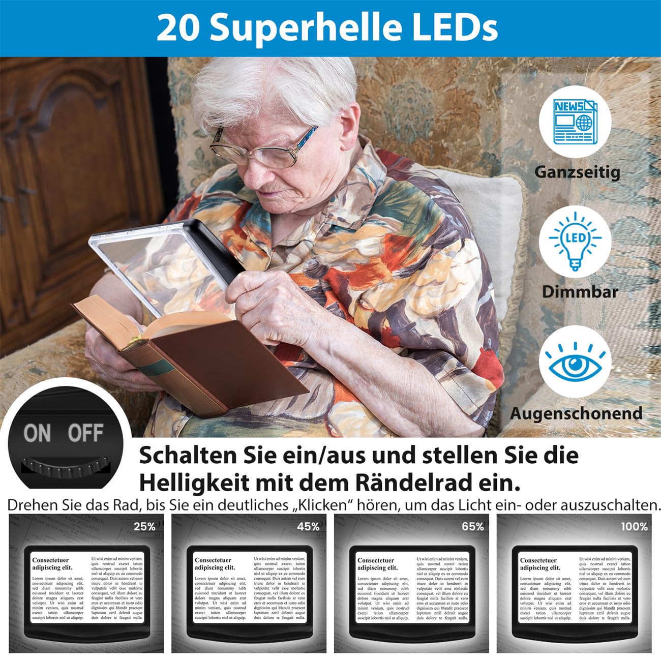 6X Lupe mit Licht, Leselupe für Senioren Groß, Wiederaufladbar Dimmbare LED-Handlupe, Leichte Buchlupe zum Lesen von Zeitungen Kleingedrucktem, Ideal Vergrößerungsglas für Sehschwäche, Hobbys