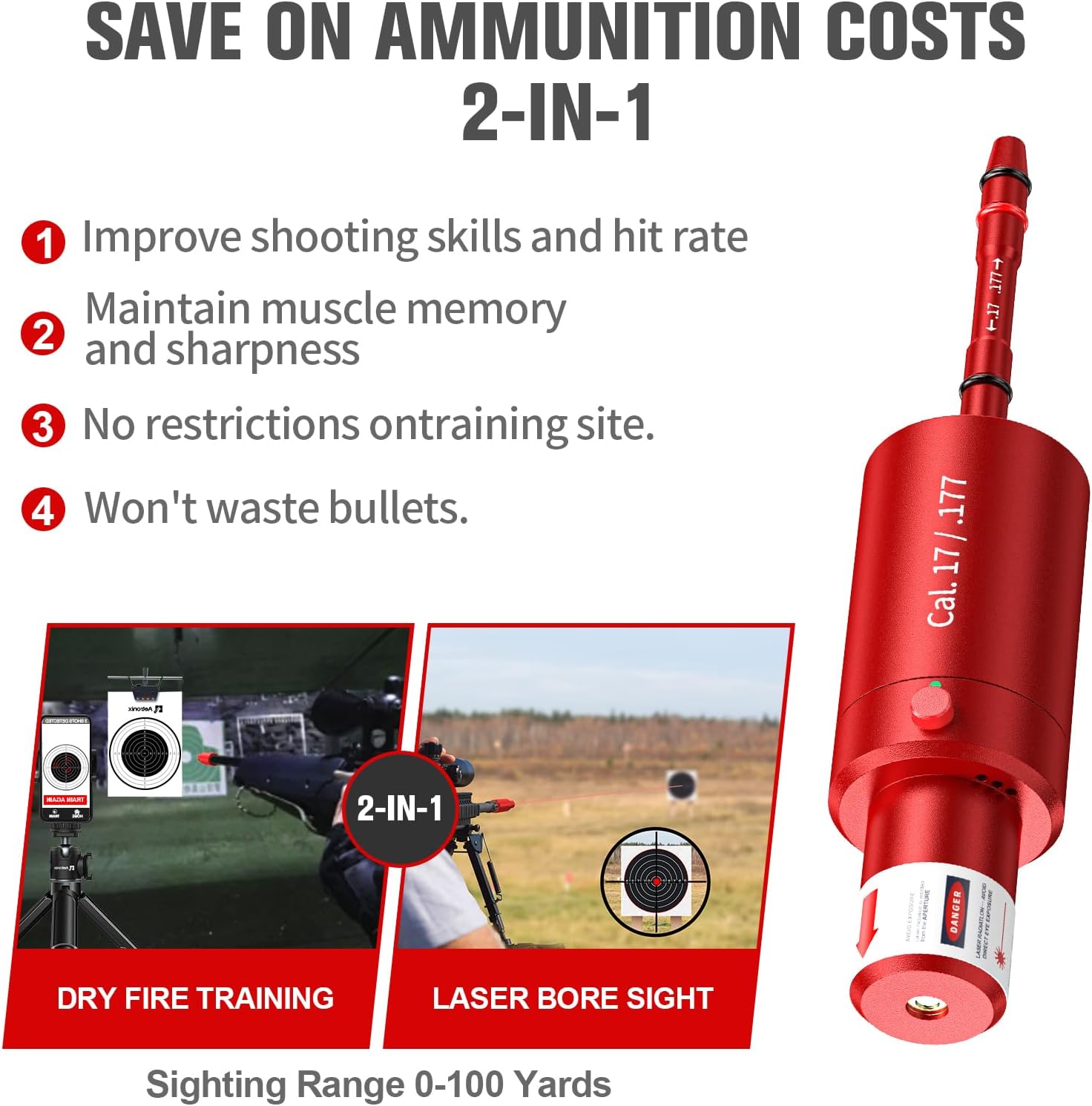 2-in-1 .17 / .177 Laser Training Cartridge w/Bore Sighter for Dry Fire Training System - Red/Green Laser Bullet w/Bore Sighting for Shooting Practice & Sight Calibration, Rechargeable