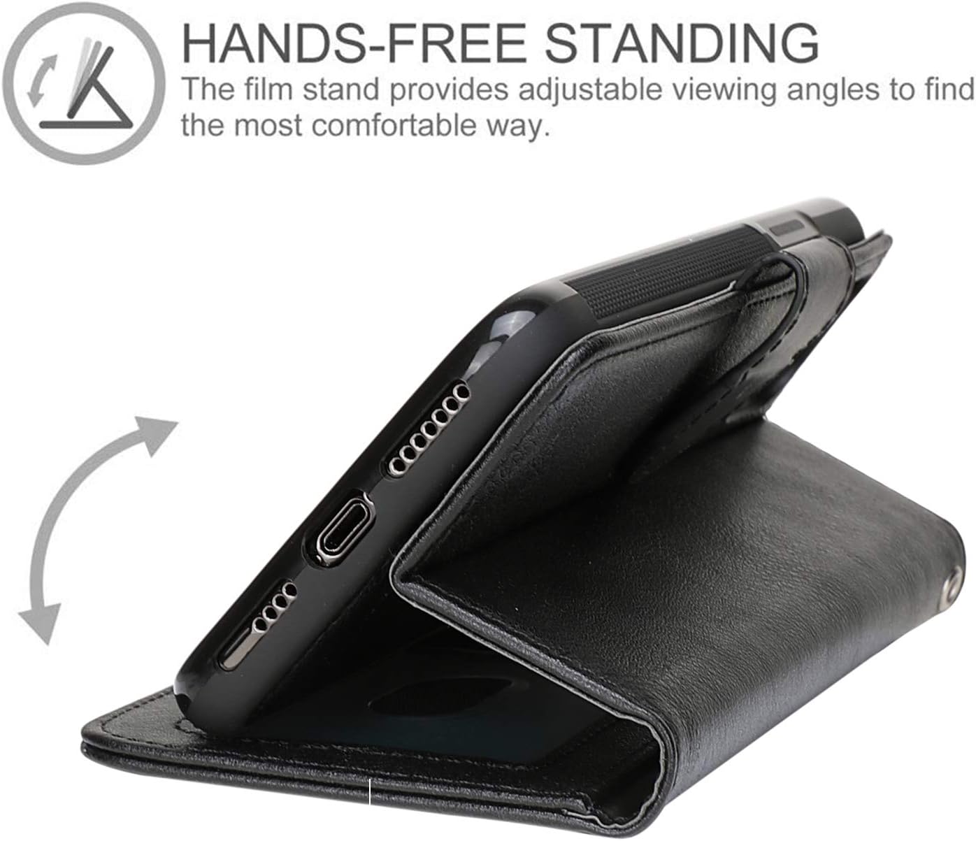 WaterFox iPhone 11 Wallet Case with 4 Card Holder for Women, Detachable Cover Flip Folio PU Leather Wrist Strap Removable Magnetic Kickstand with Floral Flower Design for Girls - Black