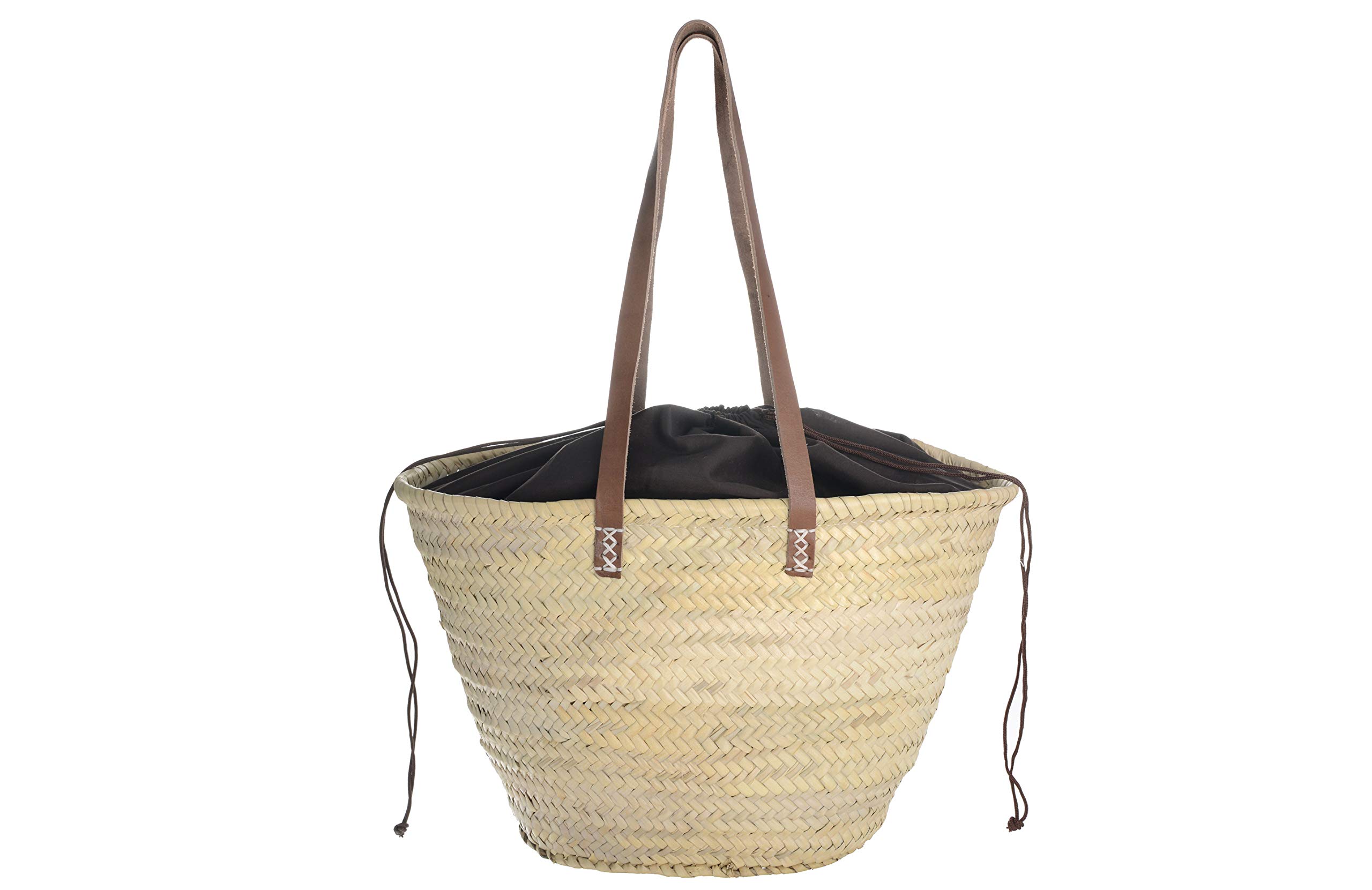 AFRIKAN BAGS DESIGNED BY Afrikan Bags - Bolso Capazo de Palma | Bolso de Palma de Base Oval con Asa Bandolera en Marrón Oscuro y Cierre Ajustable - 48 x 17 x 30 cm
