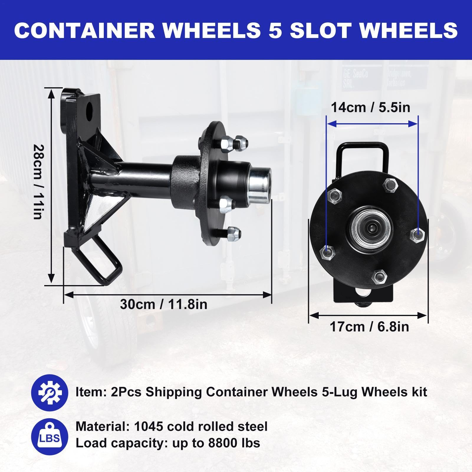 Lot de 2 roues de conteneur d'expédition robustes 5 x 5, prêts à monter, capacité de charge 4 tonnes, universelles pour conteneurs de 6 à 12 m, idéal pour chantiers, entrepôts et logistique de cour