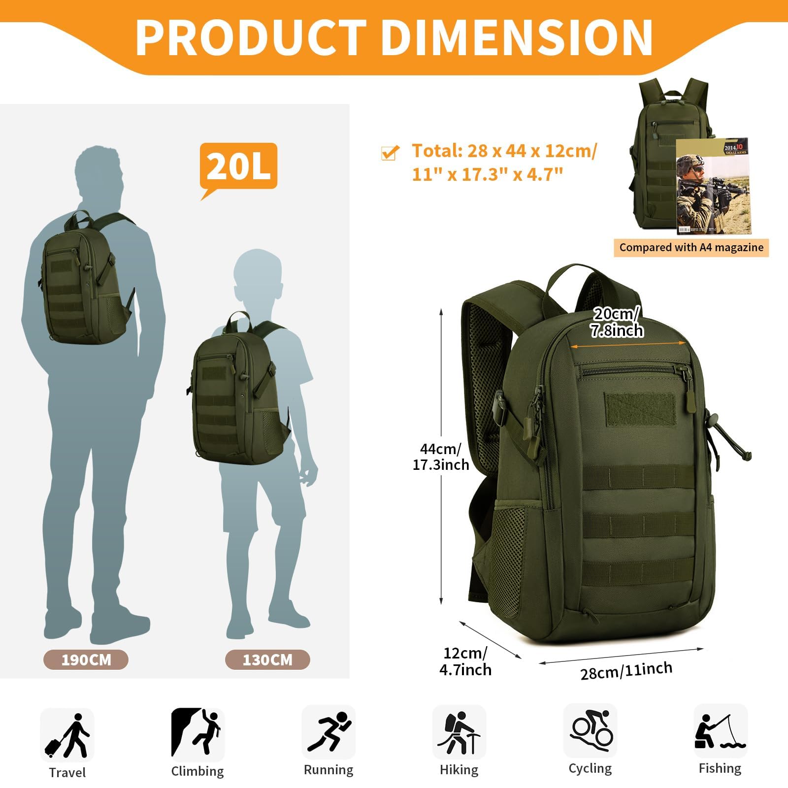 HUNTVP Mini Zaino 20L Uomo Tattico Militare 1000D Zainetto Molle per Sport Viaggio Ciclismo Campeggio Escursionismo, marrone
