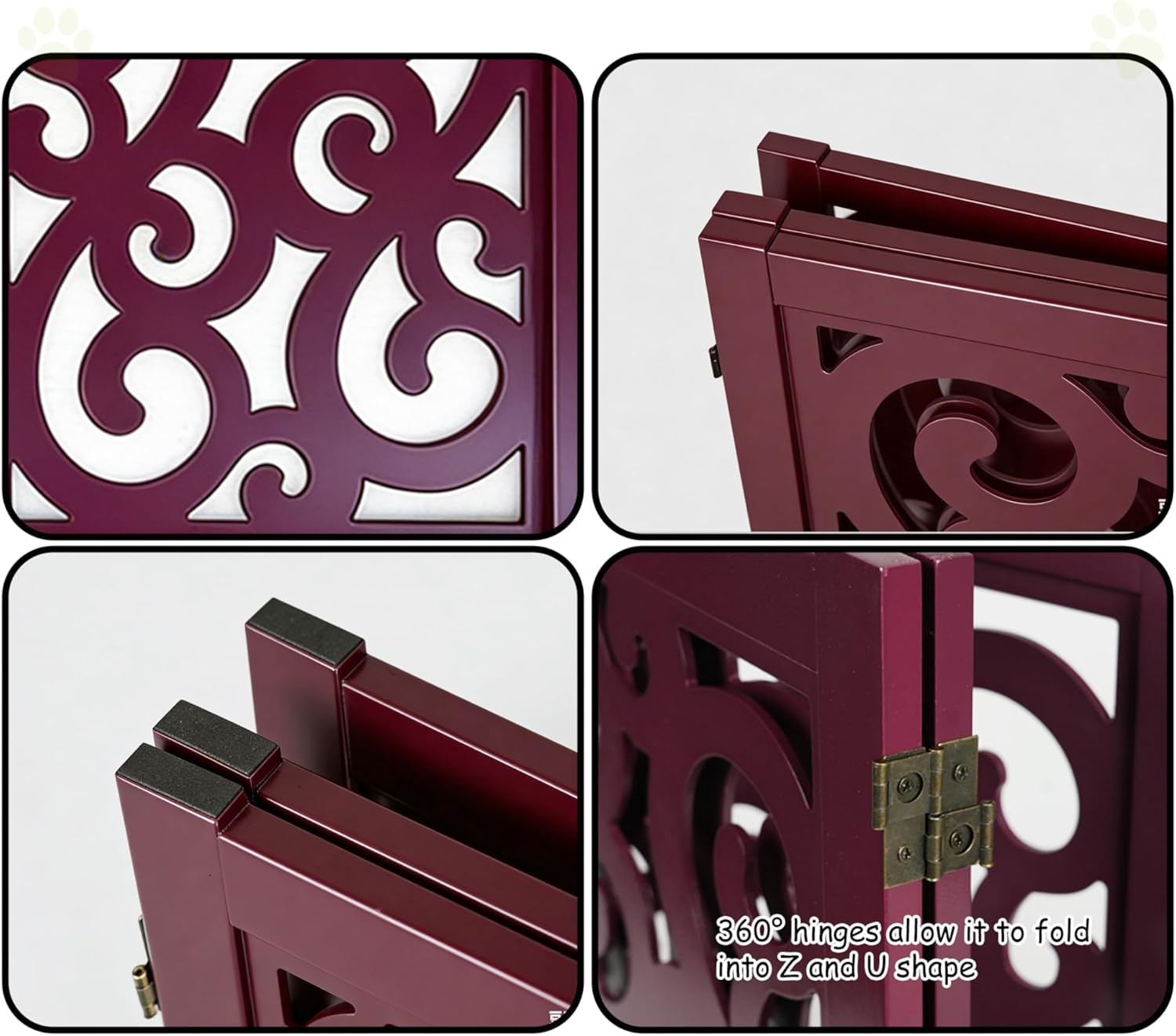 Ashfield & Harkness: 4-Panel Pet Gate - Scroll Mahogany - Wooden Foldable Freestanding Dog Fence, 80 x 23.5, Doorway-Halls-Stairs, 360 Rotated Hinges