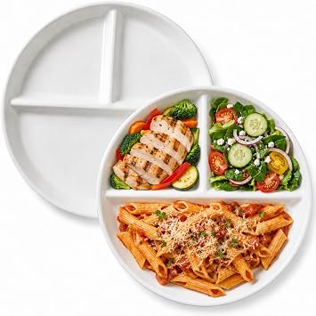 2Pcs Ceramic Portion Control Plate, 9 In White Round Divided Plate